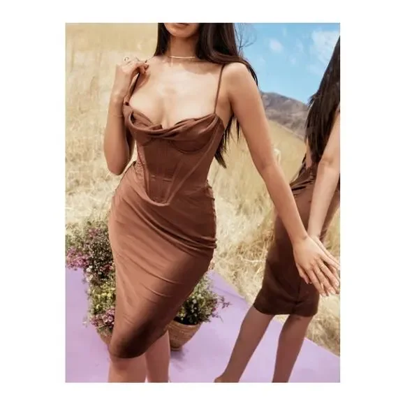 House of CB Myrna Chocolate Brown Satin Corset Dress Size S Small